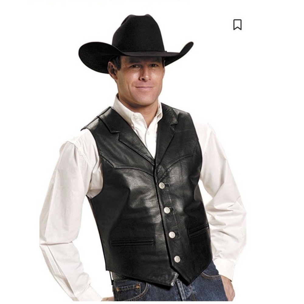 Roper Mens Black Cow Nappa Leather Buffalo Nickel Button Western‎ Vest Sz XL